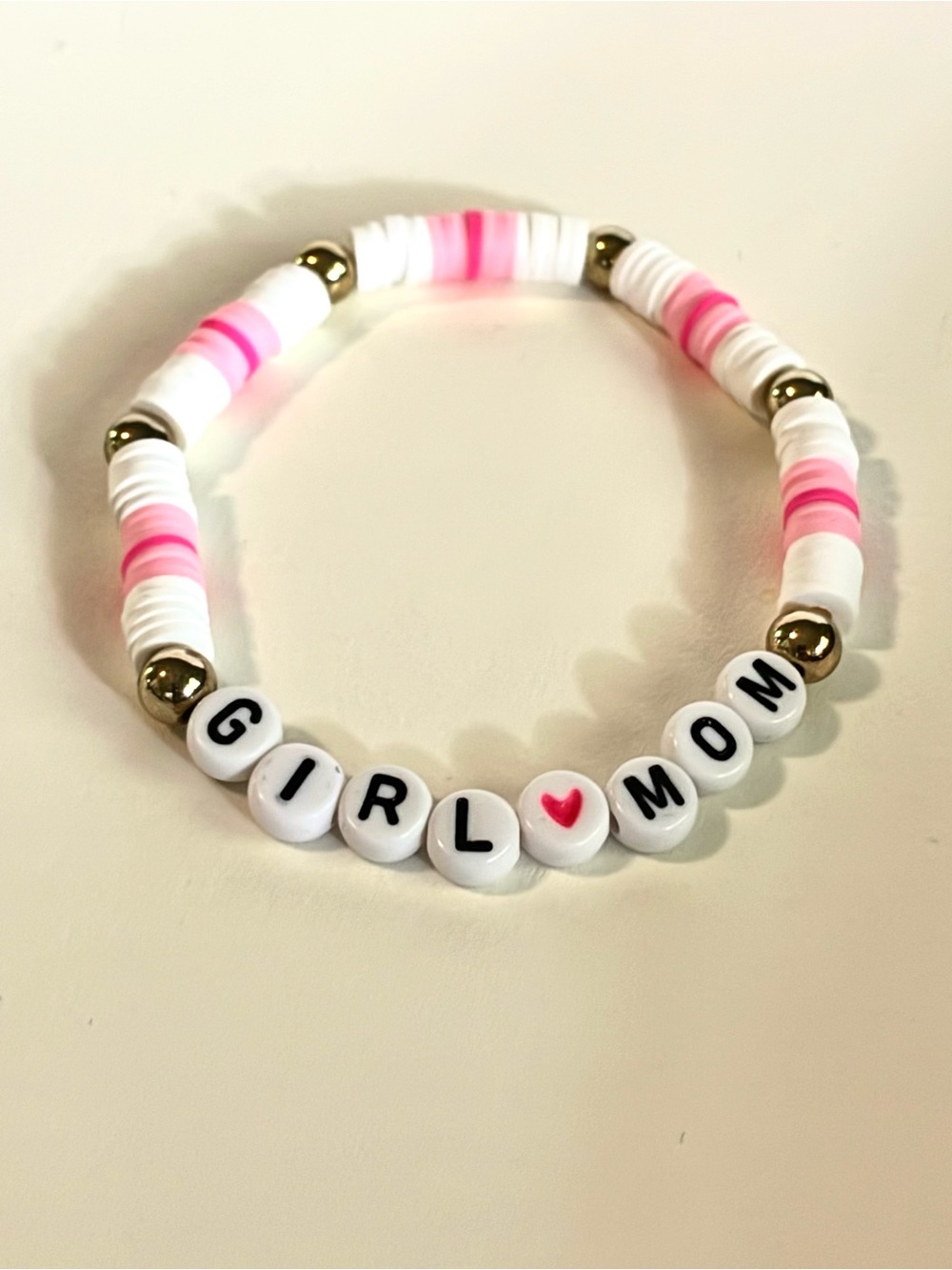 Girl Mom Pink & White Beaded Stretch Bracelet with Gold Accents